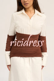 Fashionable Pleated Contrast Patchwork Waist Long Sleeve Button Shirt Maxi Dress