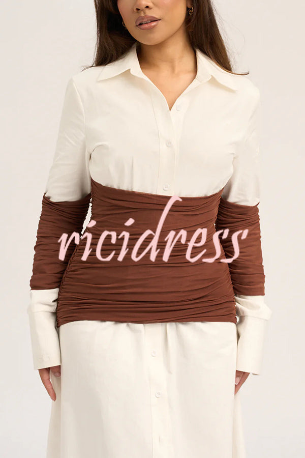 Fashionable Pleated Contrast Patchwork Waist Long Sleeve Button Shirt Maxi Dress