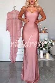 Party Charm Satin Sheer Chiffon High Low Cape Slip Maxi Dress