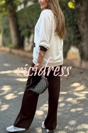 Stylish Color-blocked V-neck Knitted Button-down Cardigan and Elastic Waist Casual Wide-leg Pants Set