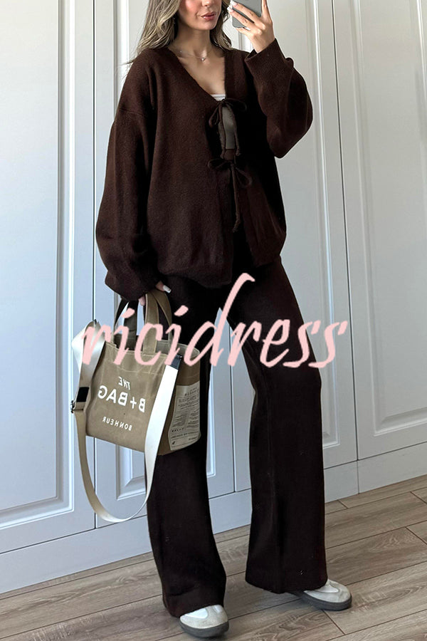 Solid Color V-neck Tie Long-sleeved Loose Knit Cardigan and Elastic Waist Casual Straight Leg Pants Set
