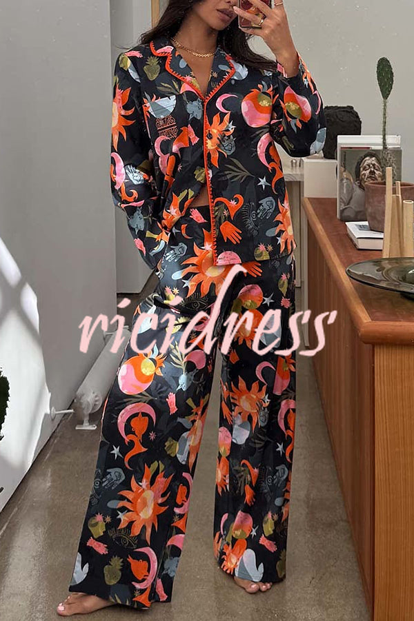 Evening Routine Unique Print Color-block Trim Loose Shirt and Elastic Waist Pocketed Pajama Set