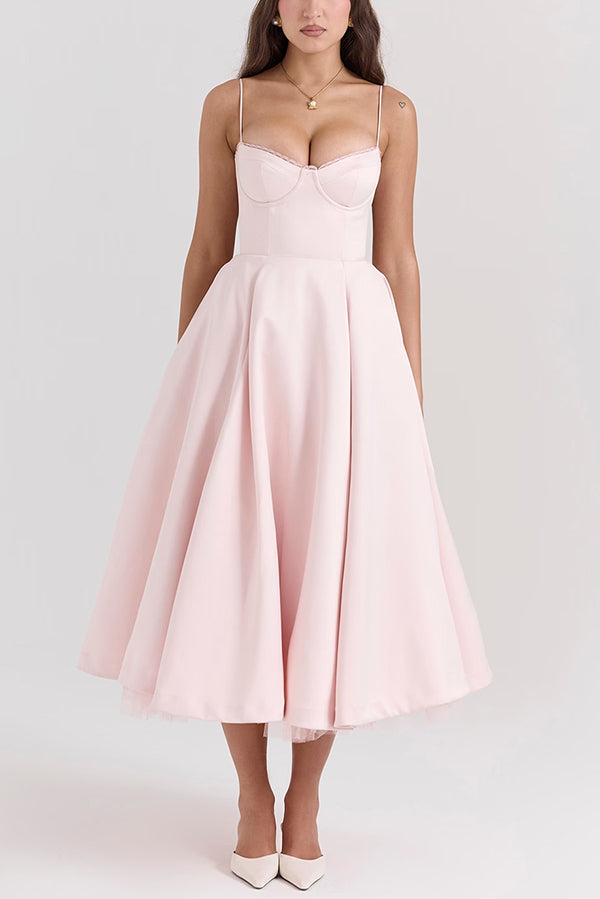 Fairytale Vibe Satin Patchwork Tulle Sweetheart Neck Pocket Stretch Midi Dress