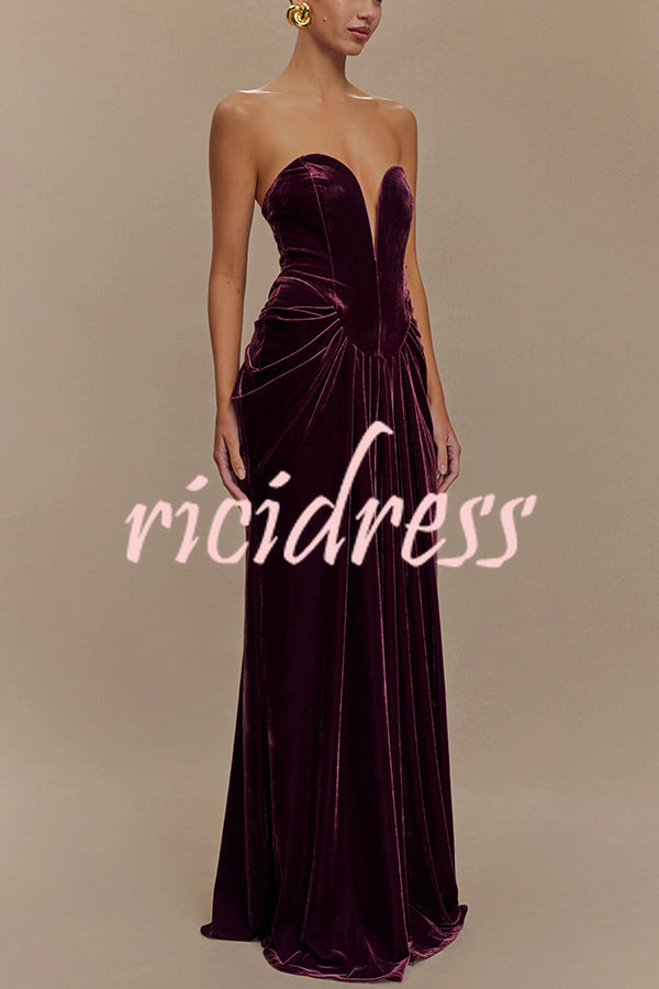Paige Velvet Off Shoulder Side Pleated Hip Drape Maxi Dress