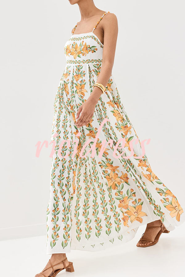 Summer Dreamer Linen Blend Unique Print Beaded Straps Pocketed Maxi Dress