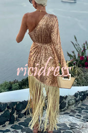 For The Love Gold Sequin One Shoulder Belted Fringes Midi Dress