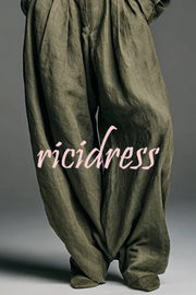 Linen Blend Lapel Long-sleeved Casual Shirt and High-waist Pocket Loose Wide-leg Pants Set