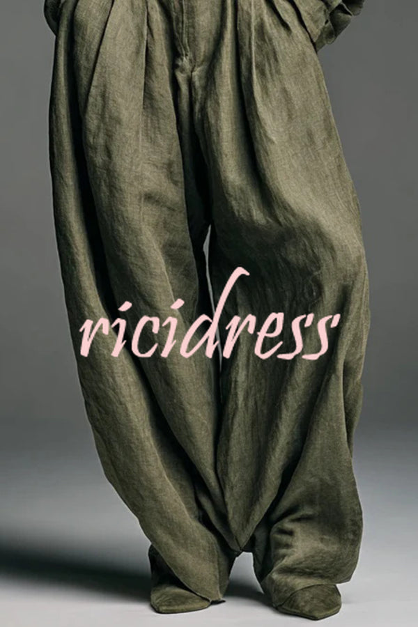 Linen Blend Lapel Long-sleeved Casual Shirt and High-waist Pocket Loose Wide-leg Pants Set