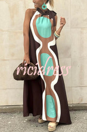 Unique Print Sleeveless Halter Neck Loose Holiday Maxi Dress