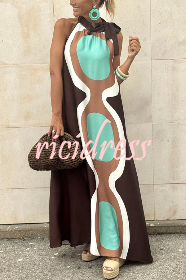 Unique Print Sleeveless Halter Neck Loose Holiday Maxi Dress