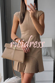 Military Style Cap Sleeve High Neck Patchwork Pleated Hem Mini Dress