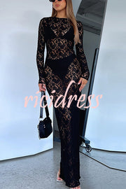 Solid Color Round Neck Long Sleeve Sexy Lace Slim Fit Cover-up Maxi Dress