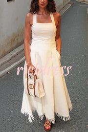 Bohemian Square Neck Pocket Tassel Holiday Maxi Dress