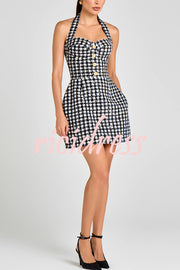 Mila Check Bouclé-tweed Fabric Halter Sweetheart Neck Gold Button Pocketed Mini Dress