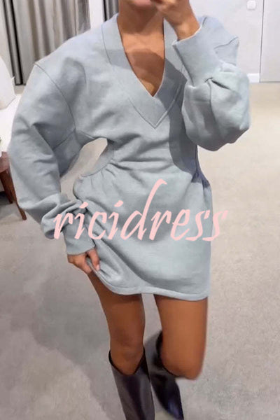 Weekend Stroll Ribbed V-neck Long Sleeve Waisted Sporty Mini Dress