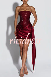 Party Entrance Sequin Corset Ruched Satin Ruffle Hem Strapless Mini Dress