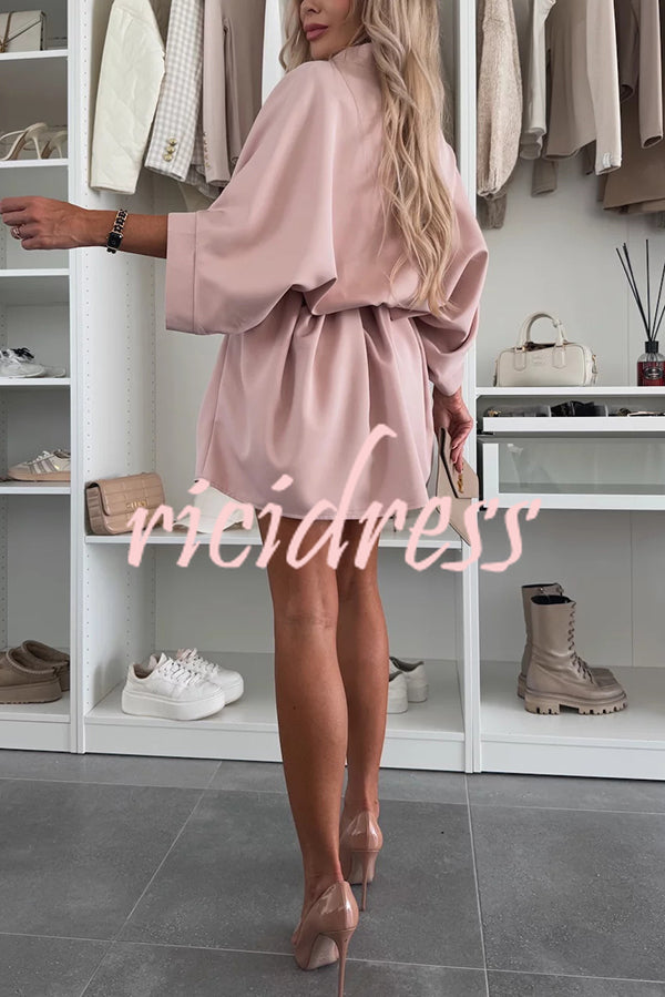 Solid Color Loose Round Neck Belted Mini Dress