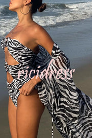 Marsie Zebra-print Ring Cutout Details Off Shoulder Stretch One-Piece Swimsuit