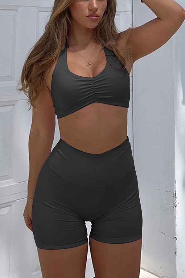 Fashionable Sports Yoga Style Halterneck Top and Stretch Slim Shorts Set