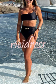 Solid Color One-shoulder High Waist Stretch Bikini Swimsuit