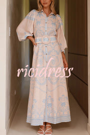 Linen Blend Lapel Puff Sleeve Casual Waist Belted Maxi Dress