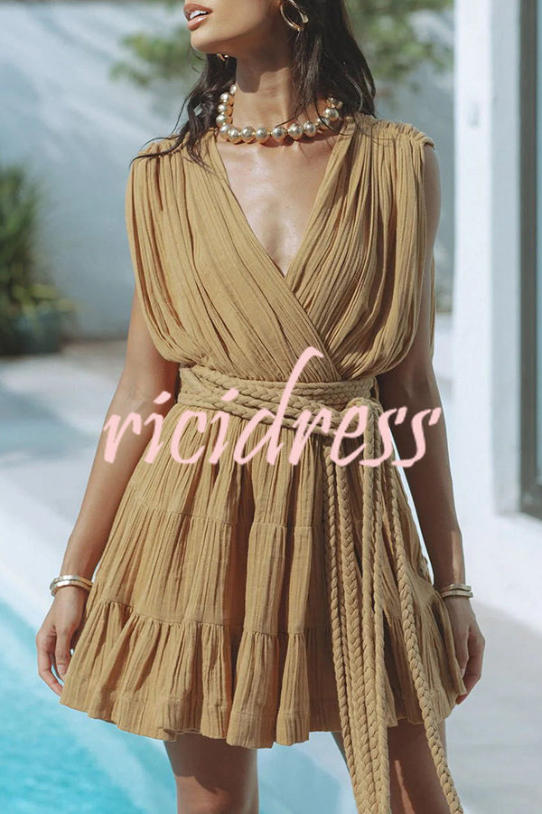Glimpse of Happiness Linen Blend Draped Braids Belt Cover Up Mini Dress