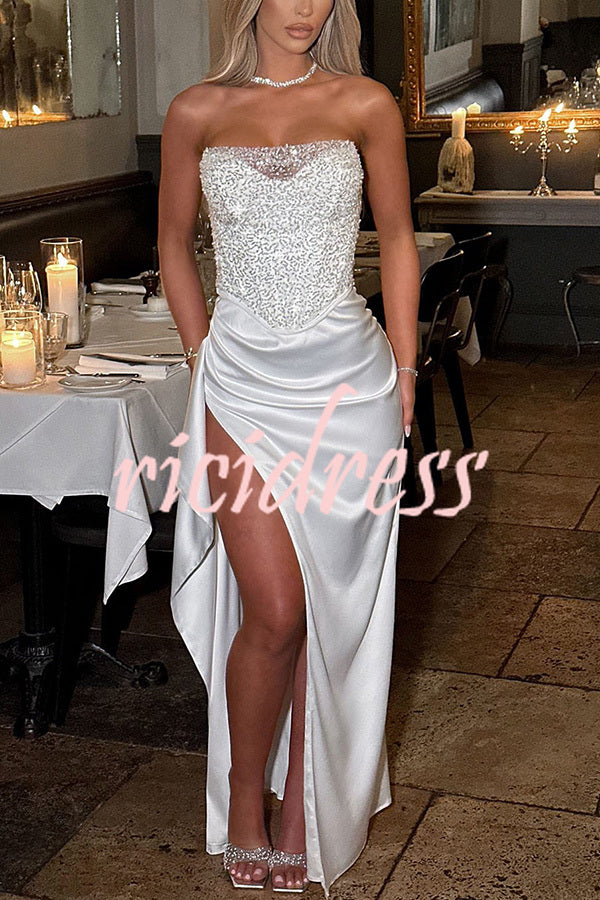 Amazing Dream Sequin Satin Patchwork Off Shoulder Ruffles Drape Slit Maxi Dress