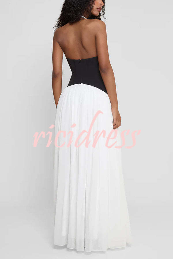 Fashionable Color Matching Sexy Halter Neck Waist Maxi Dress