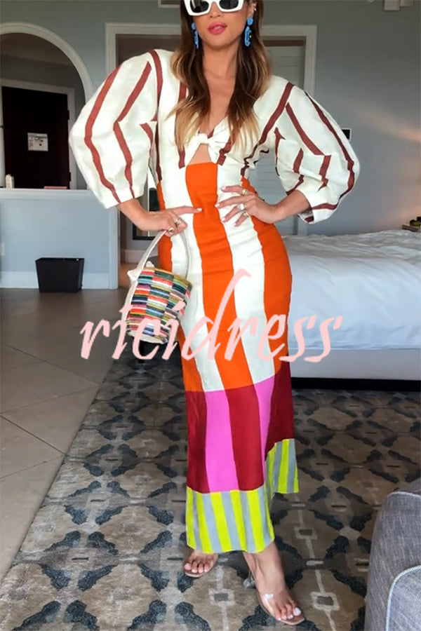 Kaya Linen Blend Color Block Print Front Cutout Knot Puff Sleeve Maxi Dress