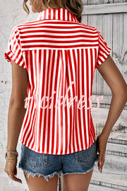 Striped Print Short Sleeve Pocket Shirt Top