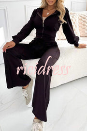 Solid Color Hooded Zip-up Jacket and Elastic Waist Pocket Wide-leg Pants Set