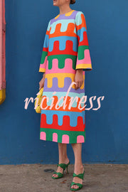 Bright Day Colorful Ripple Print Side Slit Midi Dress