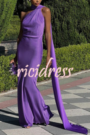 Crush on You Satin One Shoulder Backless Cape Maxi Dress