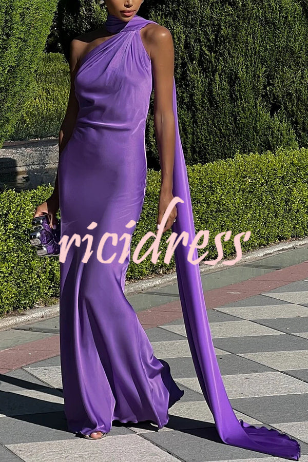 Crush on You Satin One Shoulder Backless Cape Maxi Dress
