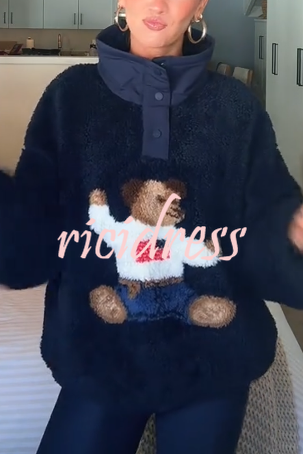 American Retro Polo Bear Pattern Stand Button Neck Long Sleeve Fleece Pullover
