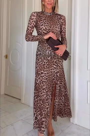 Revina Mesh Leopard Print Mock Neck Gathered Waist Long Sleeve Stretch Midi Dress