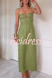Sharyn Linen Blend Bodice Cutout Back Tie-up Slit Slip Maxi Dress