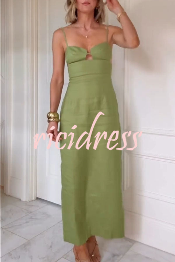 Sharyn Linen Blend Bodice Cutout Back Tie-up Slit Slip Maxi Dress