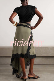 Verve Ribbed Jersey Cutout Waist Asymmetric Satin Lace Hem Maxi Dress