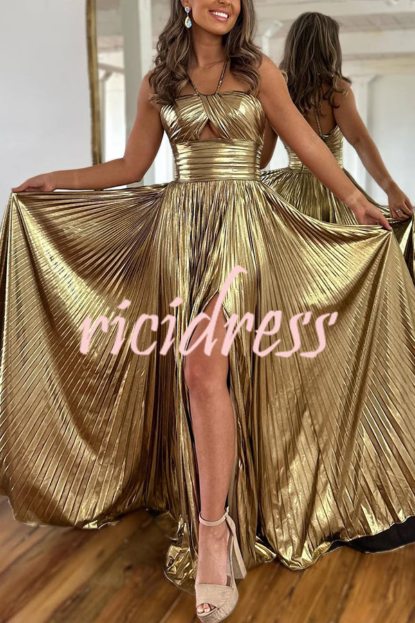 Queen Style Metallic Fabric Cross Neck Cutout Slit Pleated Maxi Dress