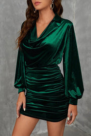 Elegant Velvet Long-sleeved Pleated Slim-fit Mini Dress