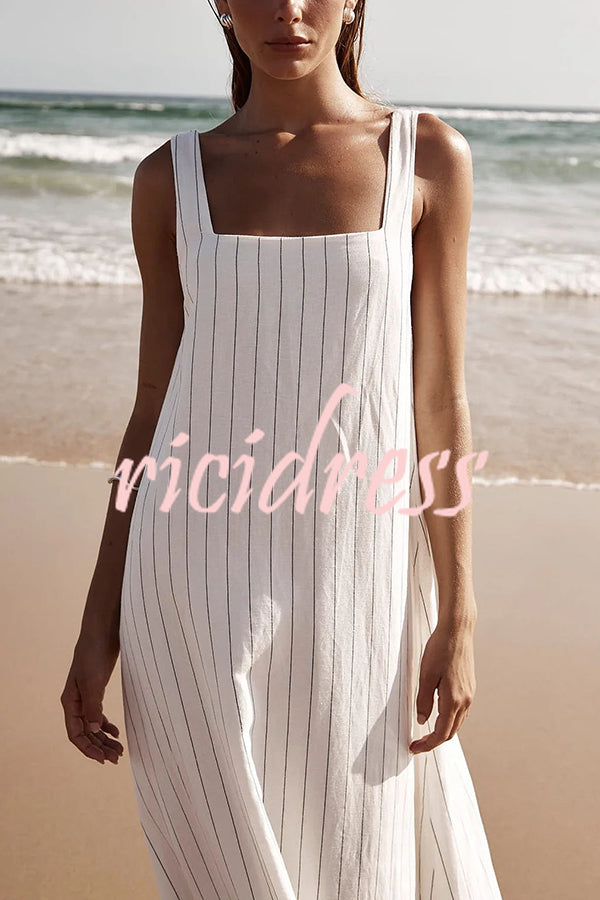 Simple and Stunning Linen Blend Pinstripe Detail Square Neck A-line Maxi Dress
