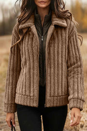 Stylish Long-sleeved Collared Zip-up Casual Plush Coat