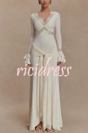 Fashion Lace Splicing Sexy V-neck Long-sleeved Slim Maxi Dress