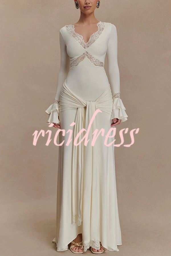 Fashion Lace Splicing Sexy V-neck Long-sleeved Slim Maxi Dress