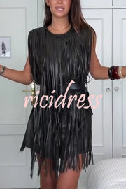 Modern Times Faux Leather Layered Tassel Design Sleeveless H-line Mini Dress
