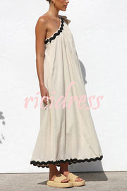 Linen Blend One Shoulder Tie Resort Maxi Dress