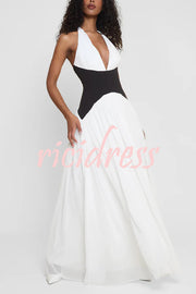 Fashionable Color Matching Sexy Halter Neck Waist Maxi Dress