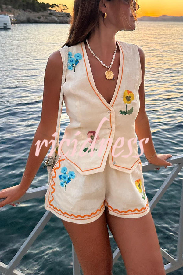 Summer Flower Printed Linen Blend Button Vest and Elastic Waist Pocketed Shorts Set