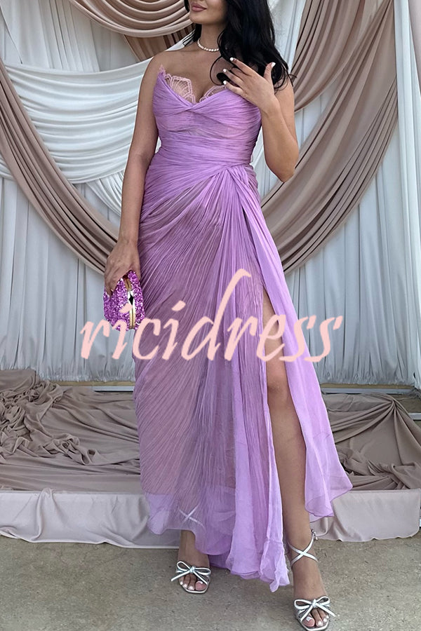 Julie Tulle Lace Trim Off Shoulder Ruched Back Lace-up Drape Slit Maxi Dress
